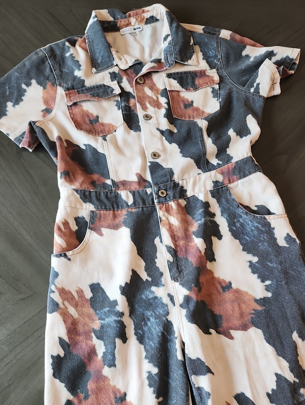 Fashion Nova Navy/Brown Cowprint Coveralls Jumpsuiy Women's Size L